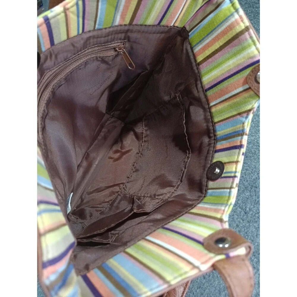 Longaberger Tote Bag Multicolor Stiped Brown Leather Handles and Bottom Pockets